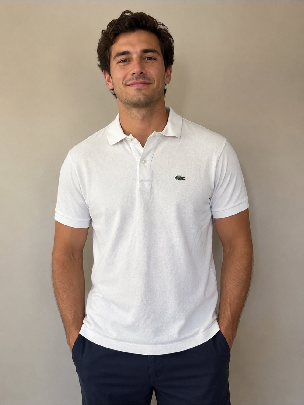 Lacoste Men's White Pique Polo with Green Crocodile